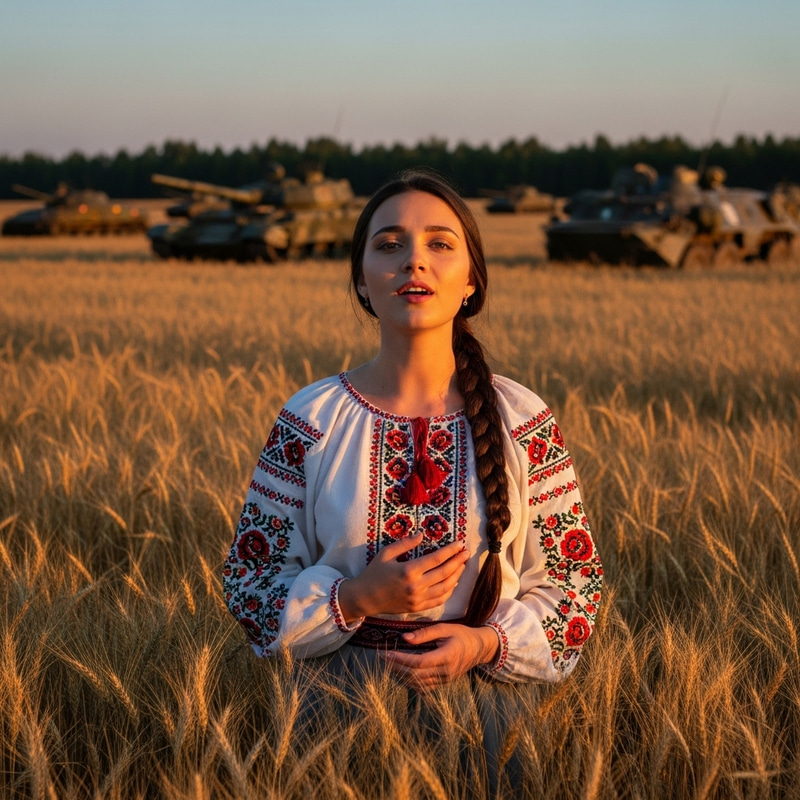Fragile Ukrainian Beauty with Serene Poise Singing in Field
