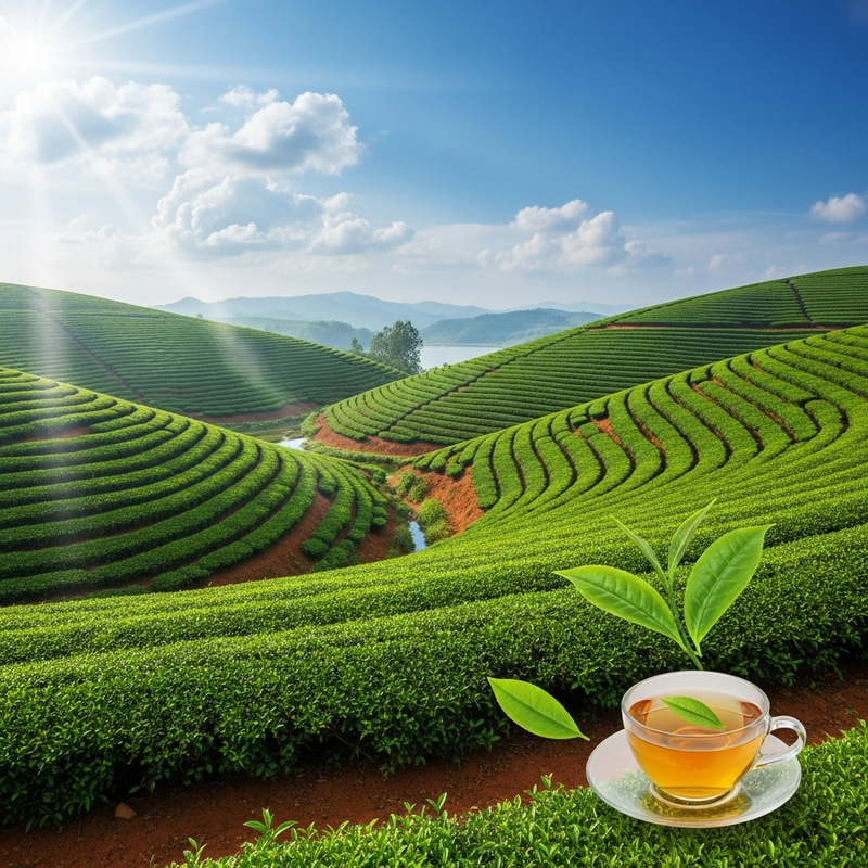 Tea Plantation Serenity: Sunlit Skies & Green Rows Tea Plantation Serenity: Sunlit Skies & Green Rows