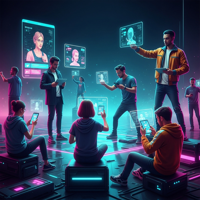Futuristic Social Media Unity Artwork in Cyberpunk Style