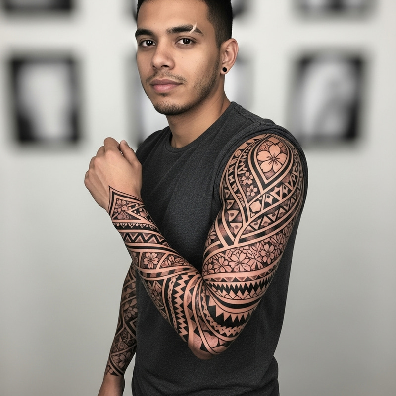 Geometric Sleeve Tattoo Design Featuring Curved Negative Space & Tribal Motifs Geometric Sleeve Tattoo Design Featuring Curved Negative Space & Tribal Motifs