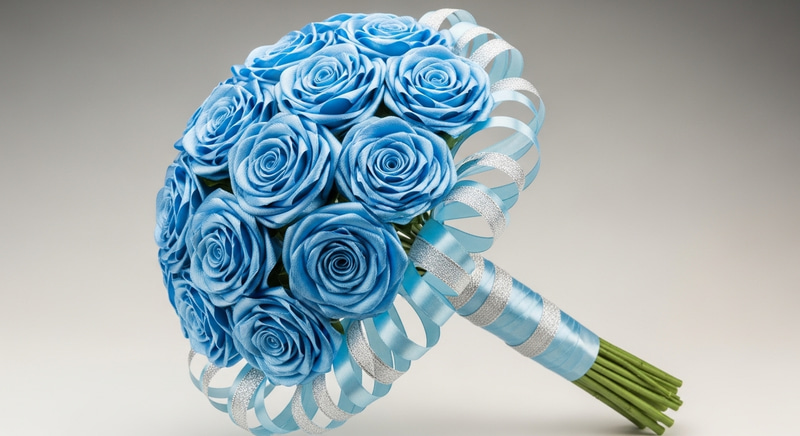 Lush Blue Ribbon Roses Bouquet | Handcrafted Floral Beauty Lush Blue Ribbon Roses Bouquet | Handcrafted Floral Beauty