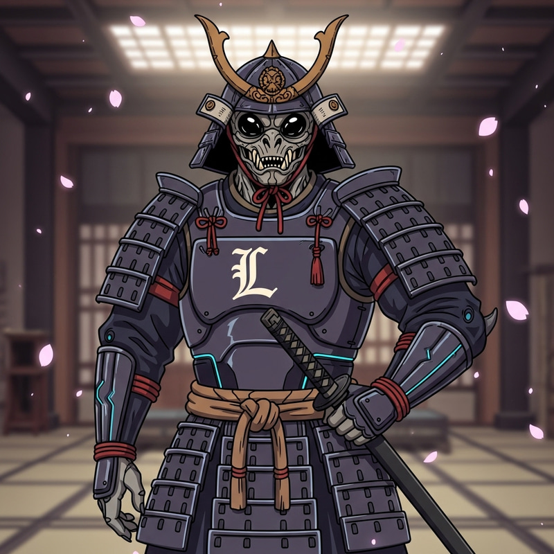 Muscular Alien Samurai with 'L' Emblem in Anime Style