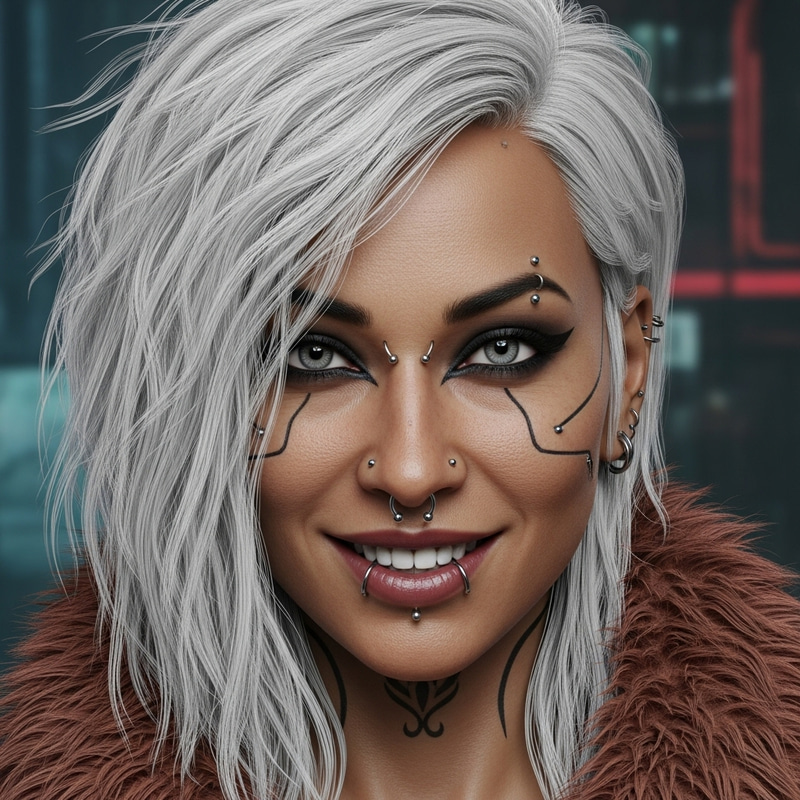 Futuristic Cyberpunk Portrait with Striking White Hair and Piercings Futuristic Cyberpunk Portrait with Striking White Hair and Piercings