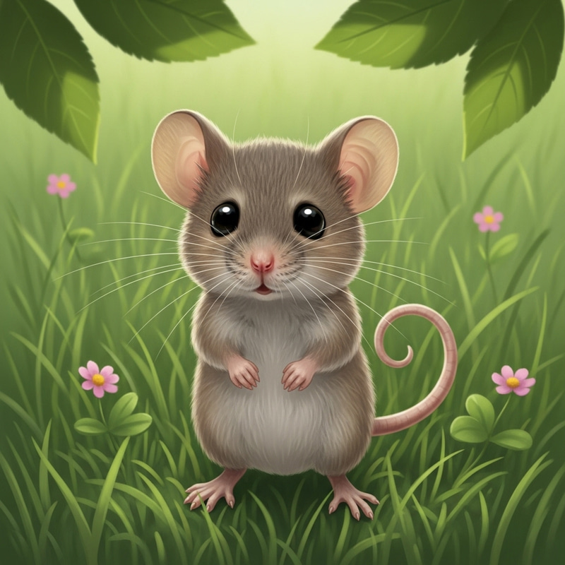 Cute Grey Mouse Standing Among Wildflowers Cute Grey Mouse Standing Among Wildflowers