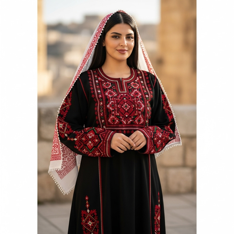 Palestinian Woman in Traditional Black Dress with Red Cross Stitching Palestinian Woman in Traditional Black Dress with Red Cross Stitching