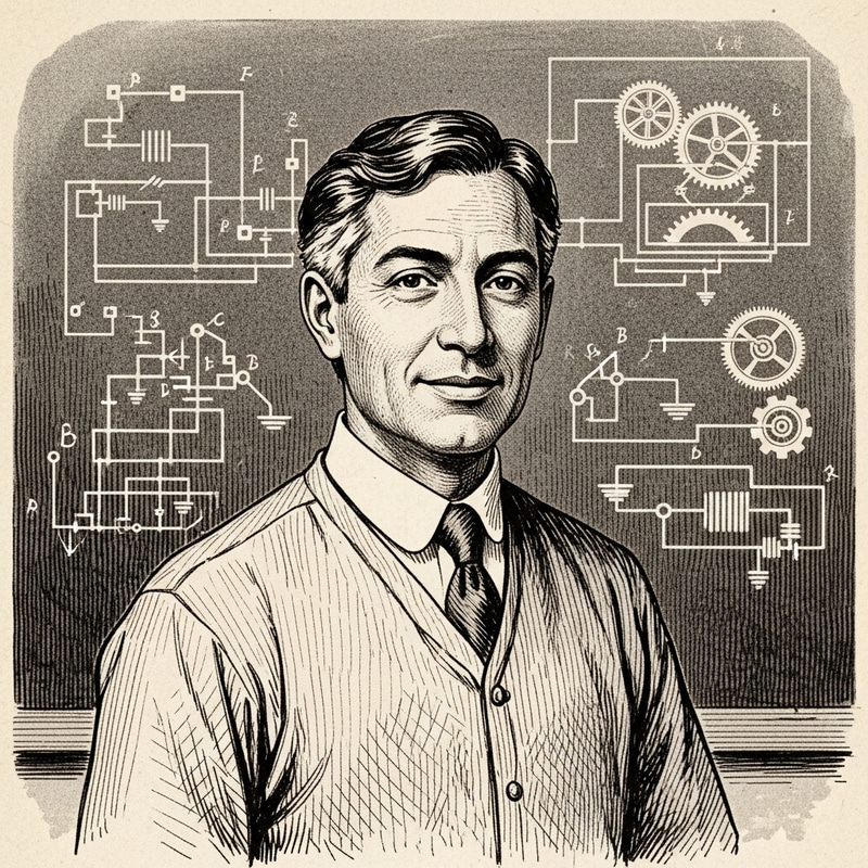 50-Year-Old Technology Professor Without Glasses and Beard in Vintage Drawing Style
