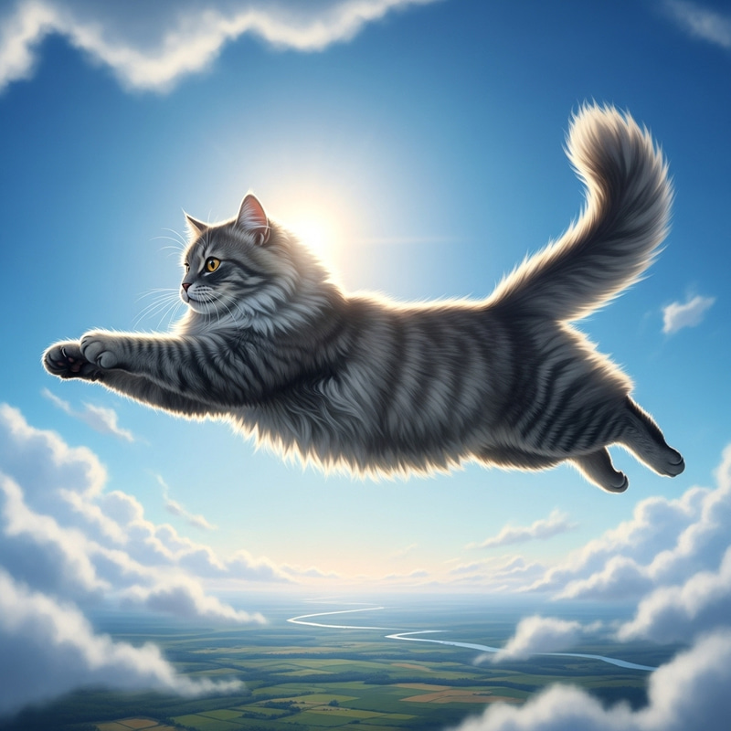 Fluffy Grey Cat with Billowing Fur Soaring in Sky Fluffy Grey Cat with Billowing Fur Soaring in Sky