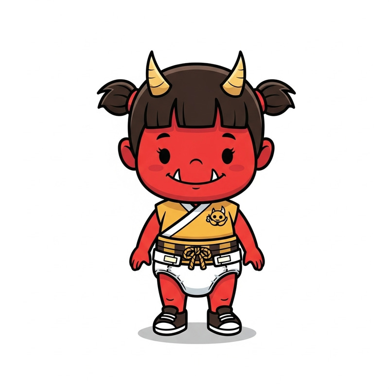 Cartoon Toddler Oni Girl with Red Skin & Pigtails