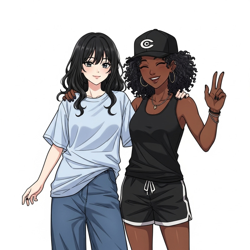 Anime Girl with Black Wavy Hair in Light Blue Baggy T-shirt | Best Friends