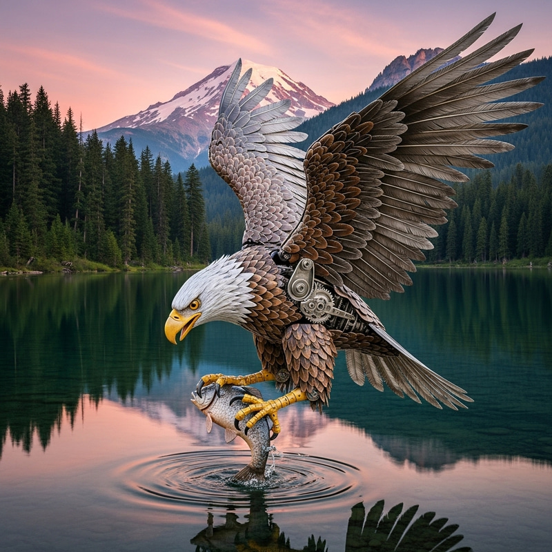 Stunning Robotic Eagle Fishing Scene