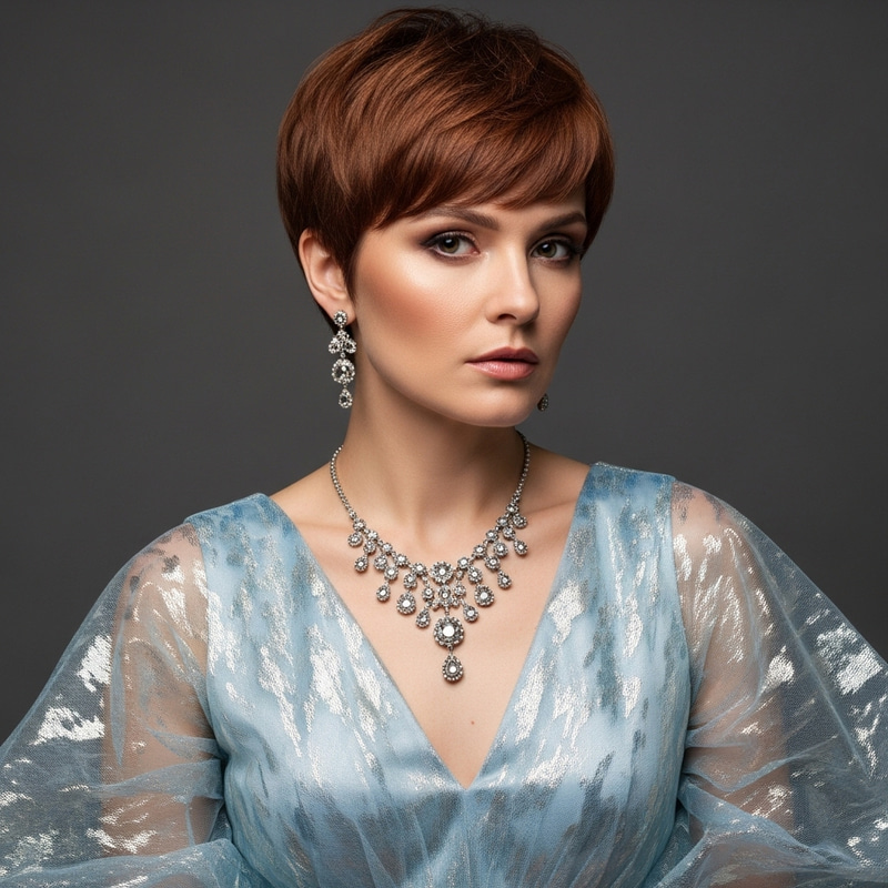 Chic Chestnut Haircut with Blue Silvery Accessories Chic Chestnut Haircut with Blue Silvery Accessories