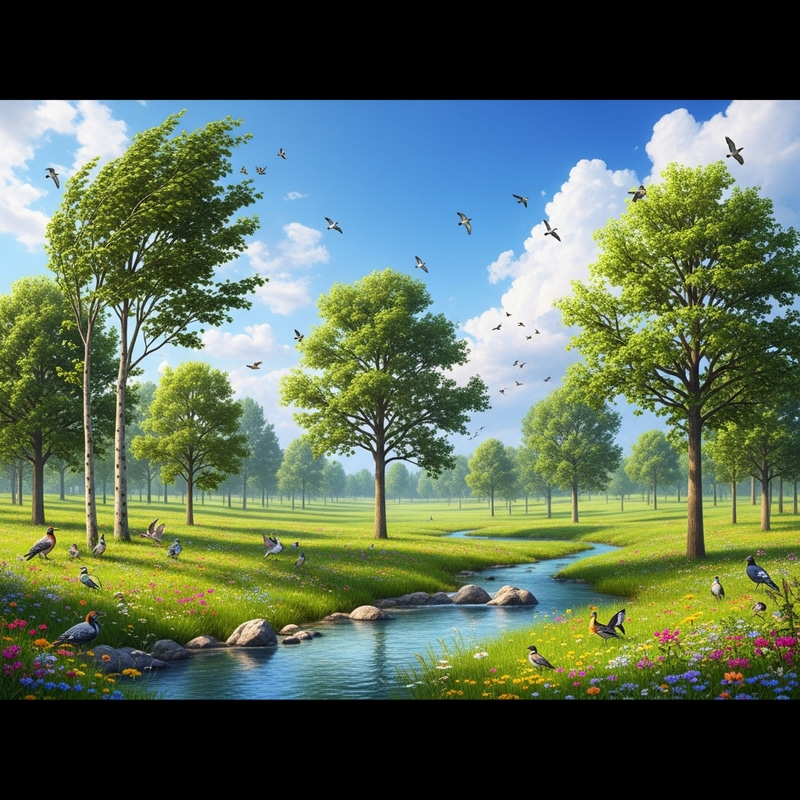 Tranquil Nature Scene: Majestic Trees, Meadow & Birds