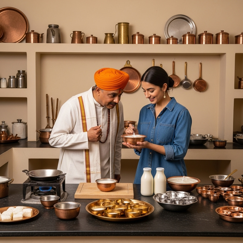 Indian Guru Watching Student's Yoghurt-Making Practice Indian Guru Watching Student's Yoghurt-Making Practice