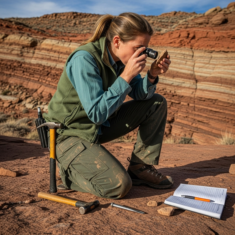 Geologist Working in Red-Green Attire Geologist Working in Red-Green Attire