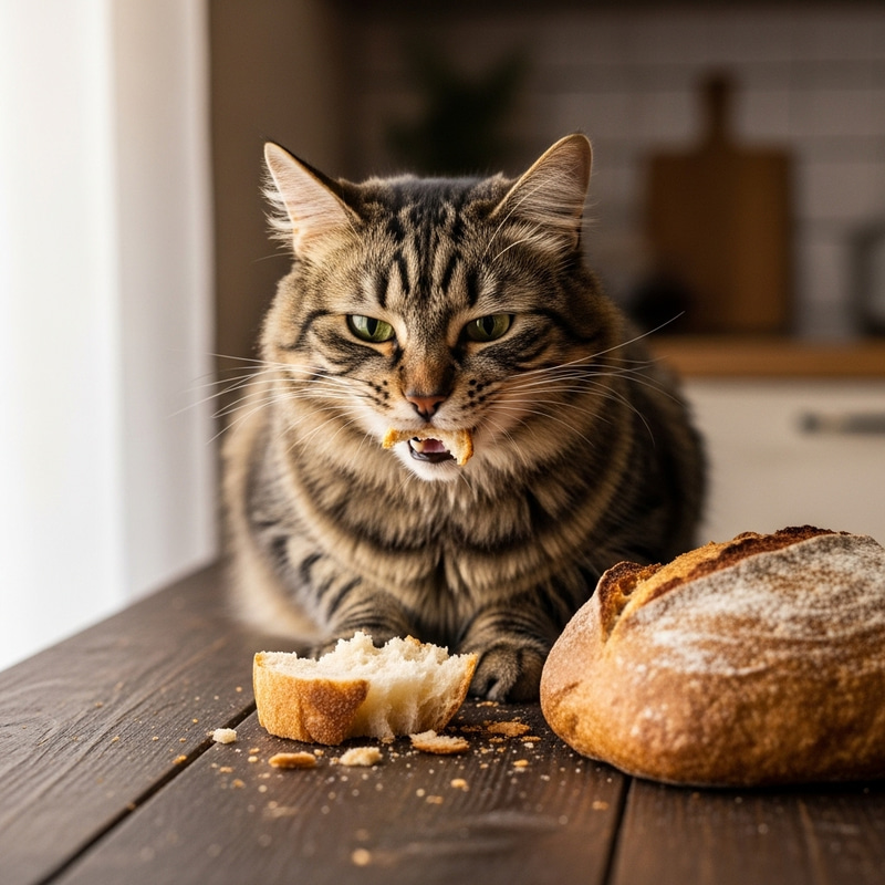 Cute Cat Enjoying Bread - Adorable Feline Snacking Scene