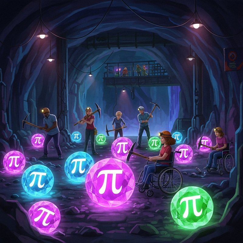Mystical Pi Gem Mining: Diverse Miners in Ethereal Glow