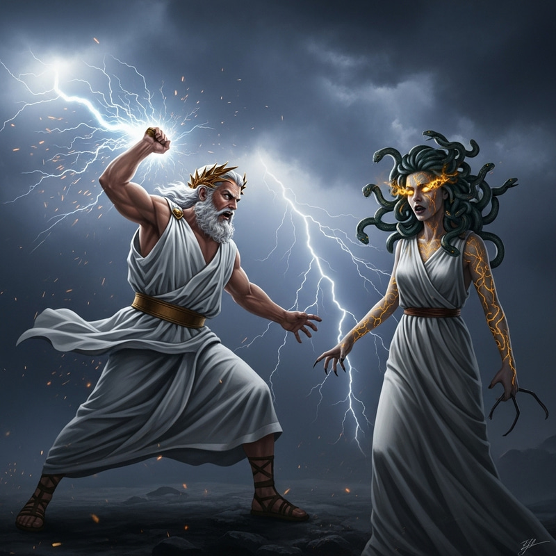 Zeus Unleashes Lightning on Medusa: Epic Battle of Deities