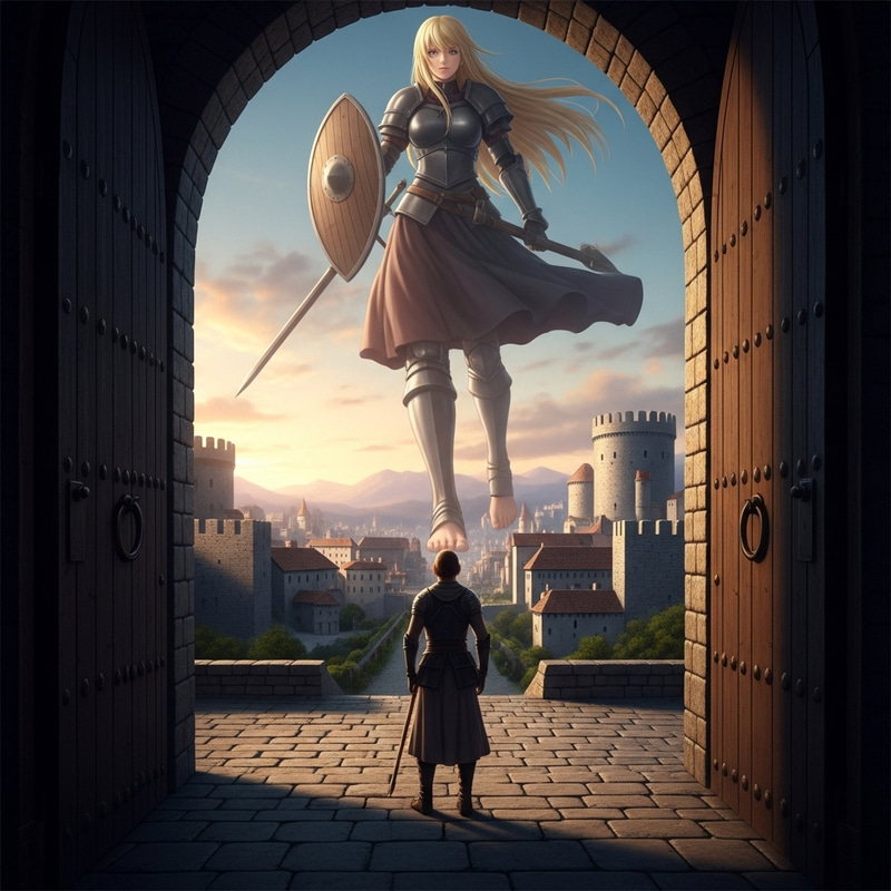 Breathtaking Giant Blonde Soldier Approaching Medieval City Wall Breathtaking Giant Blonde Soldier Approaching Medieval City Wall