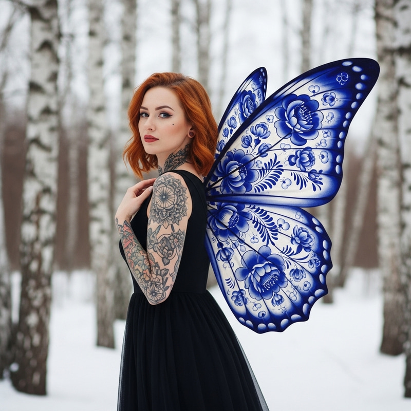 Ginger Woman with Butterfly Wings: Tattoos & Gzhel Pattern Ginger Woman with Butterfly Wings: Tattoos & Gzhel Pattern