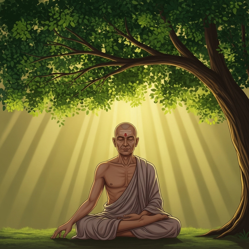 Siddhartha Gautama - Radiant Meditative Figure Under Lush Tree Siddhartha Gautama - Radiant Meditative Figure Under Lush Tree
