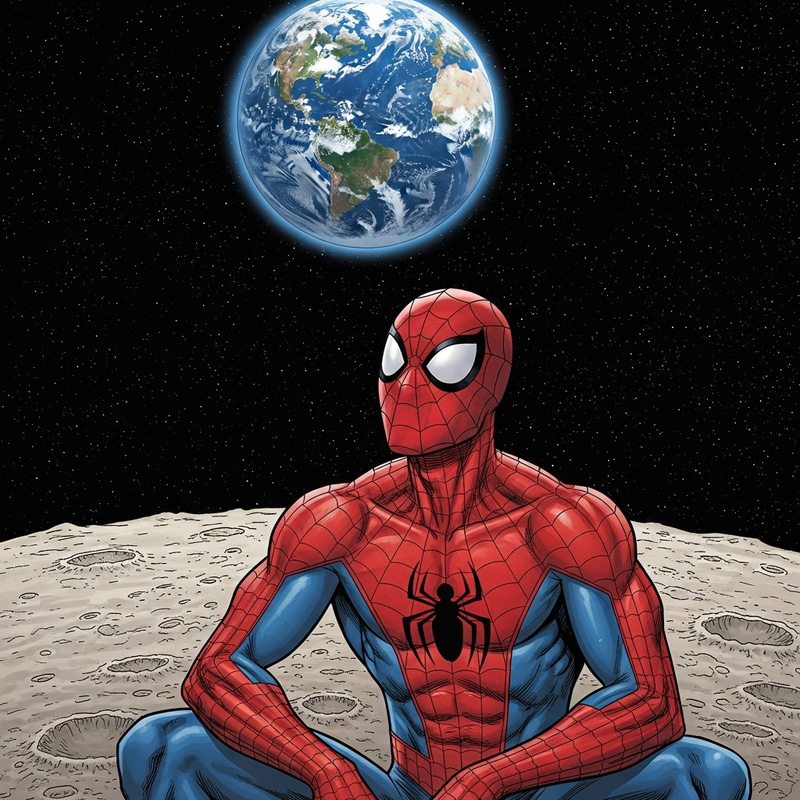 Spiderman Gazing at Earth from the Moon | Spectacular Space Scene
