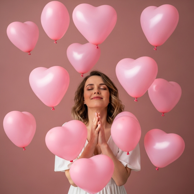 Enamored Woman Embracing Pink Hearts Enamored Woman Embracing Pink Hearts