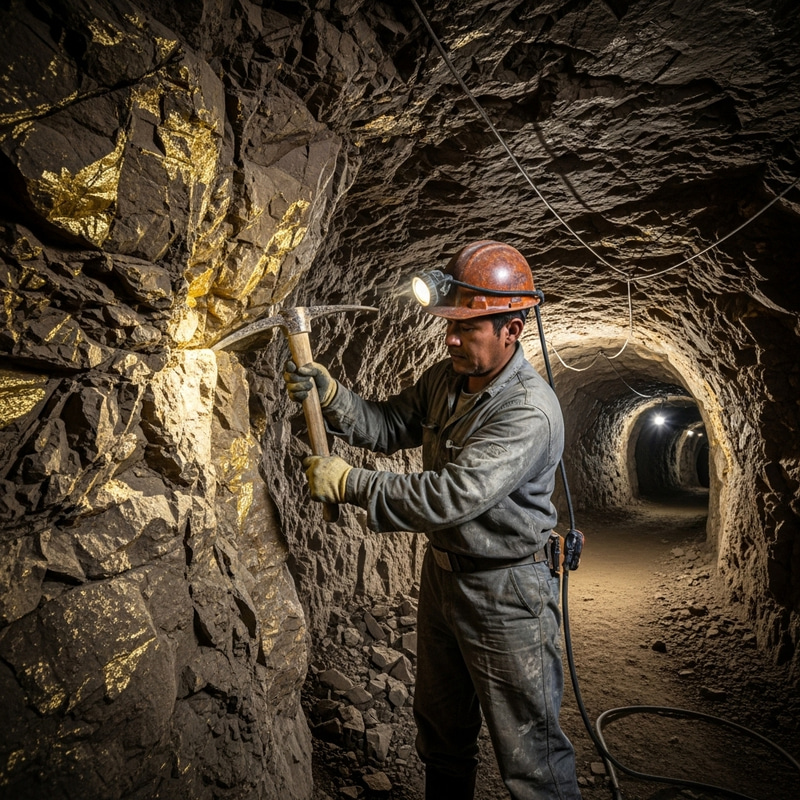 Hispanic Miner Extracting Gold in Dimly-Lit Underground Mine - Koza Altın İşletmeleri Hispanic Miner Extracting Gold in Dimly-Lit Underground Mine - Koza Altın İşletmeleri