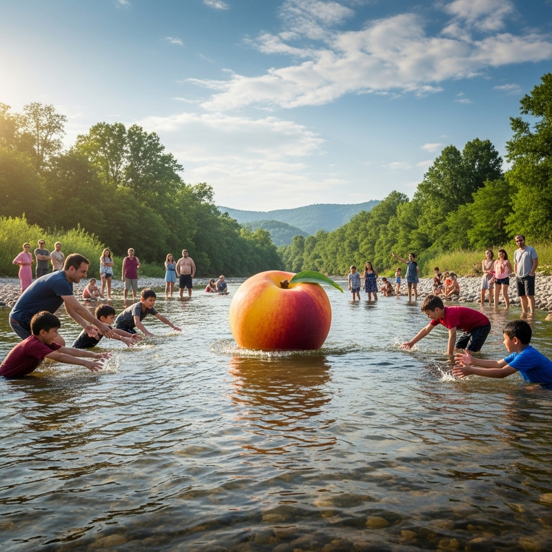 Riverside Peach Harvest with Diverse Community Gathering