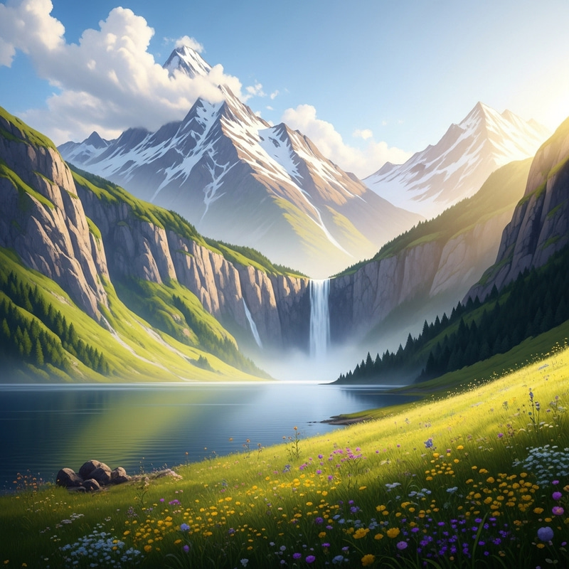 Tranquil Landscape with Waterfall, Large Lake & Mountains