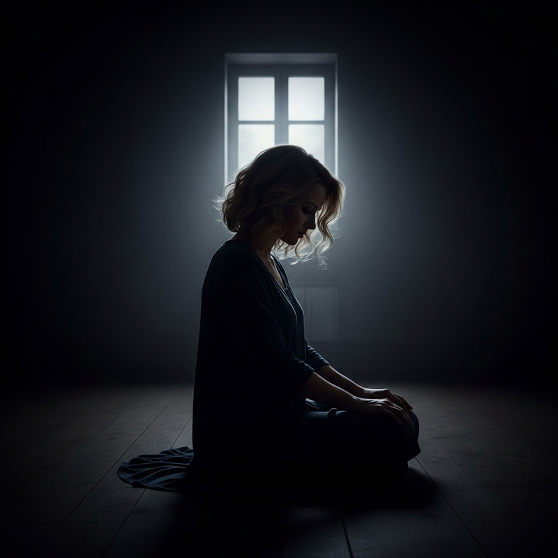 Curly Blonde Woman in Dark Room | Feelings of Depression and Desolation Curly Blonde Woman in Dark Room | Feelings of Depression and Desolation