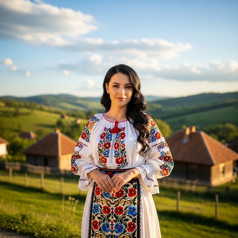 Elegant Romanian Maiden in Traditional Dress