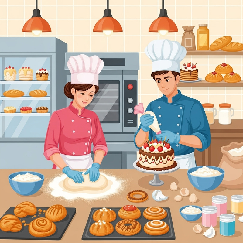 Pastry Chefs in Pink and Blue Uniforms at Busy Bakery | Baking Scene Pastry Chefs in Pink and Blue Uniforms at Busy Bakery | Baking Scene