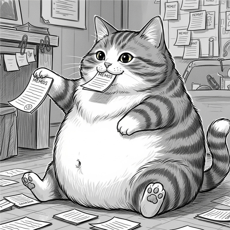Chubby Cat Enjoys Eating Memos in a Whimsical Office Chubby Cat Enjoys Eating Memos in a Whimsical Office