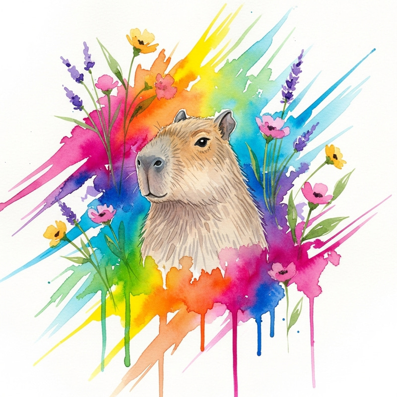 Watercolor Capybara and Abstract Wild Flowers on White Background Watercolor Capybara and Abstract Wild Flowers on White Background