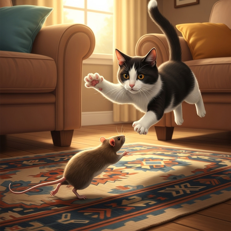 Thrilling Cat vs Rat Chase in Cozy Setting