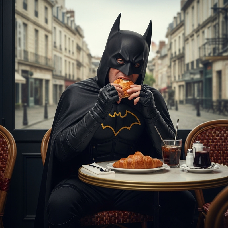 Batman Enjoying Croissant in French Cafe Batman Enjoying Croissant in French Cafe