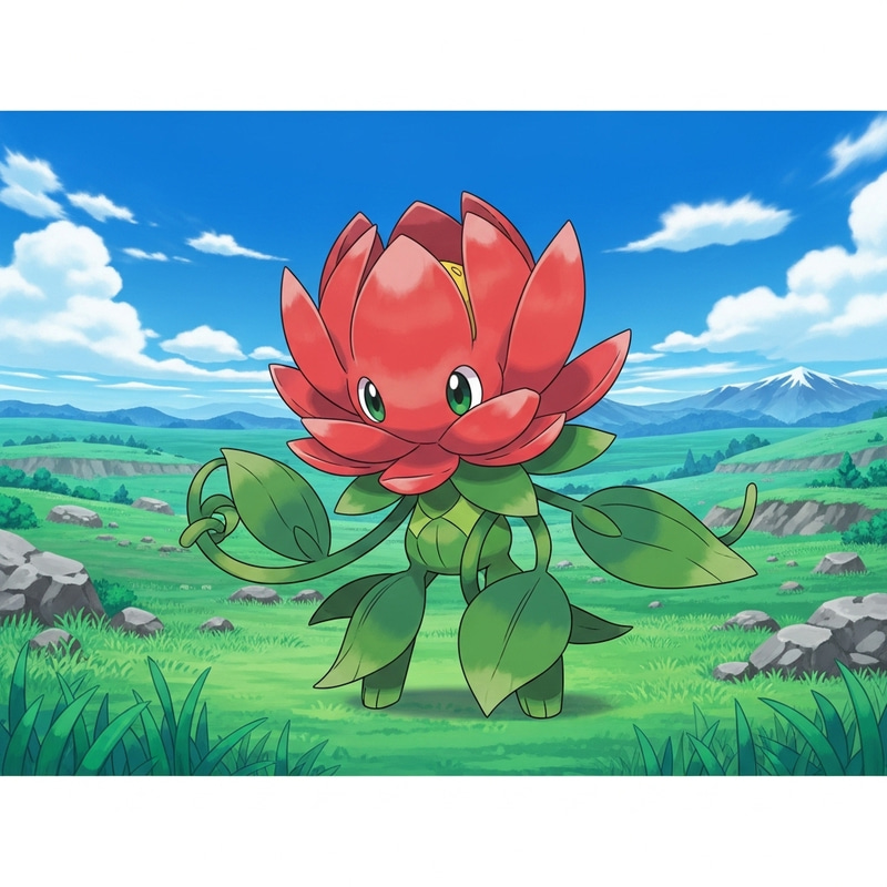 Lotus Pokemon Character in Red on Open Plain Lotus Pokemon Character in Red on Open Plain