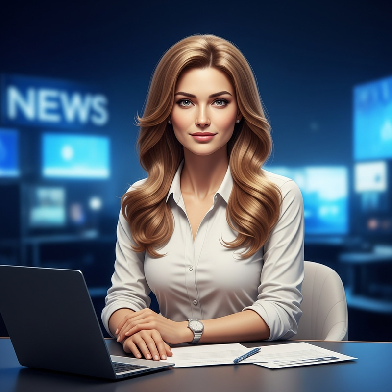 Stunning News Anchor with Golden Hair in Professional Studio – 32K Resolution Wonder