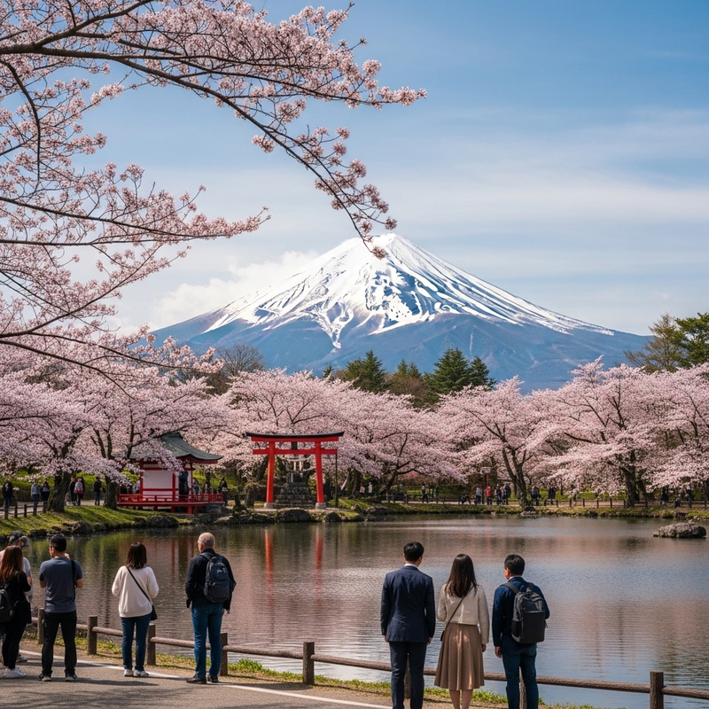 Picturesque Japan Landscape: Cherry Blossoms, Mount Fuji, Shinto Shrine Picturesque Japan Landscape: Cherry Blossoms, Mount Fuji, Shinto Shrine