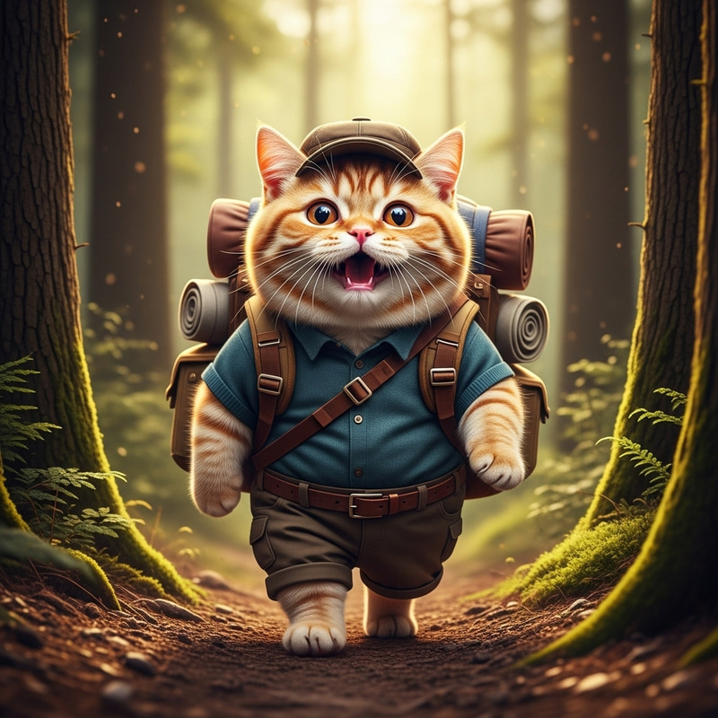 Realistic British Ginger Cat in Hiking Attire Realistic British Ginger Cat in Hiking Attire