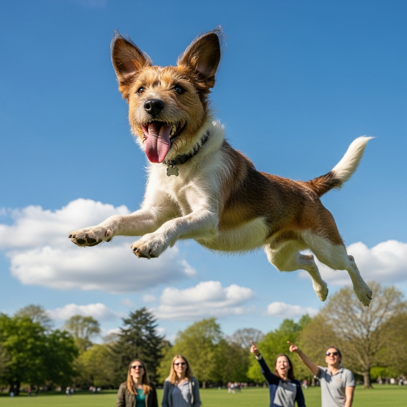 Exciting Image of a Happy Dog Soaring in Blue Sky Exciting Image of a Happy Dog Soaring in Blue Sky