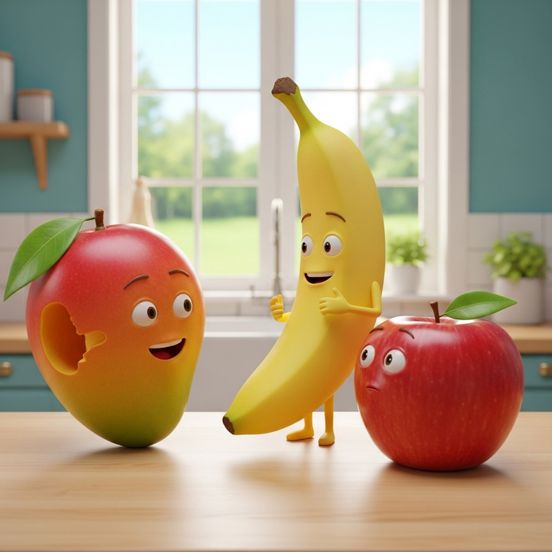 Fruits in Conversation: Mango, Banana & Apple Fruits in Conversation: Mango, Banana & Apple