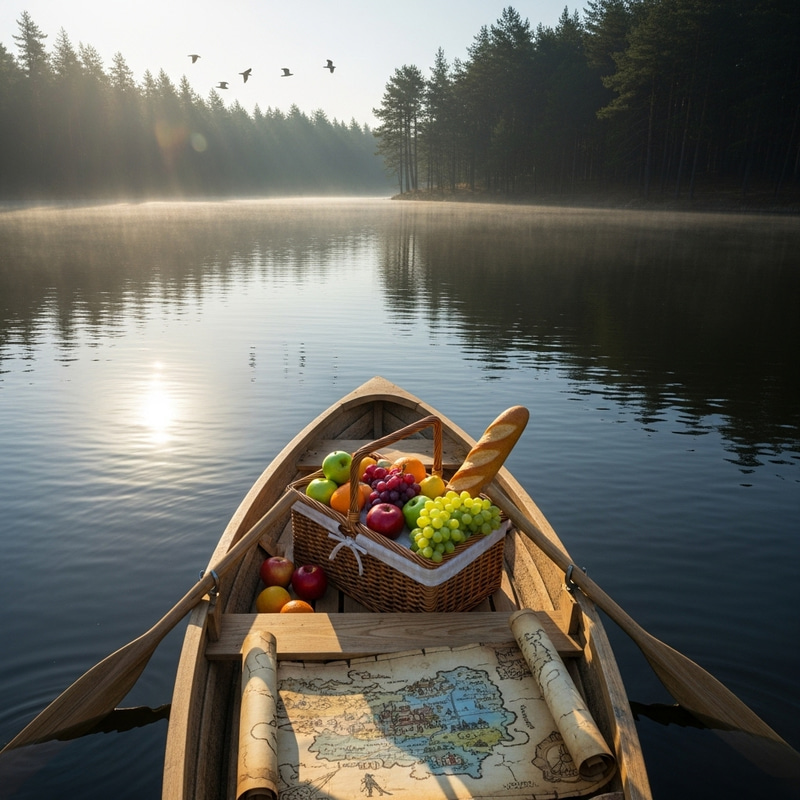 Tranquil Lake Sunrise with Fresh Fruits & Adventure Map Tranquil Lake Sunrise with Fresh Fruits & Adventure Map
