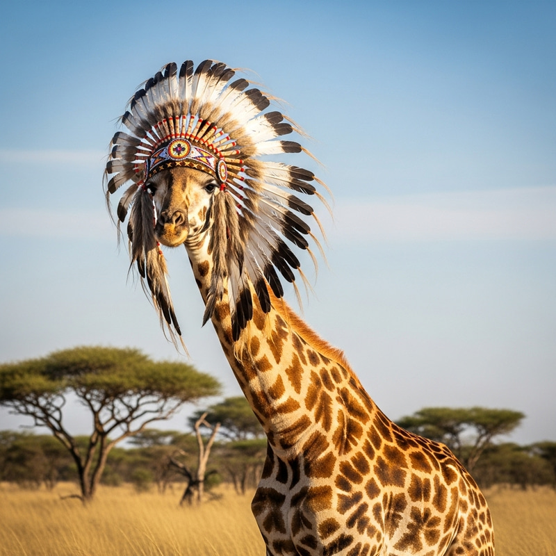 Giraffe in Indian Headdress