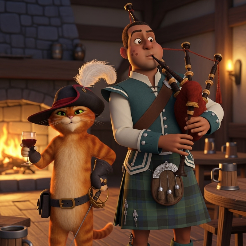 Puss in Boots with Bagpipe-playing Cat and Wine-filled Adventure