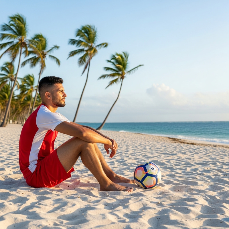 Skilled Soccer Player Sitting on Dominican Republic Beach Skilled Soccer Player Sitting on Dominican Republic Beach