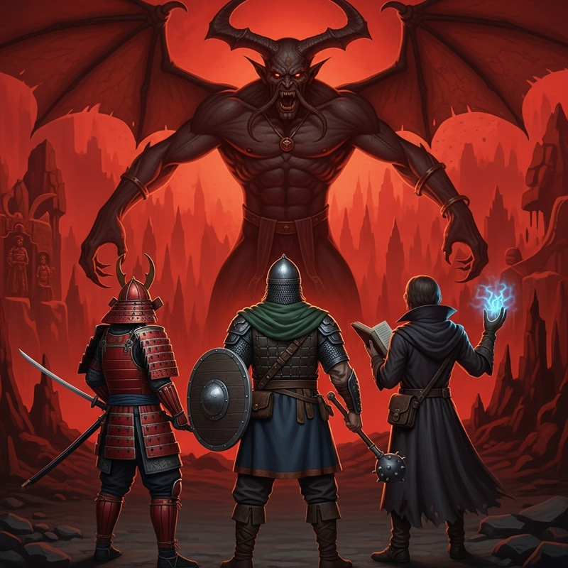 Medieval Heroes vs Demon in Hell: Samurai, Bogatyr, Vampire Scholar