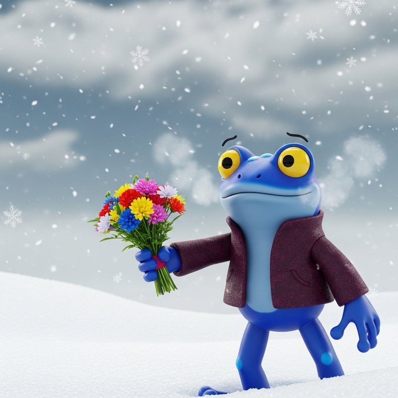 Cute Frog Surprises with Winter Bouquet Cute Frog Surprises with Winter Bouquet