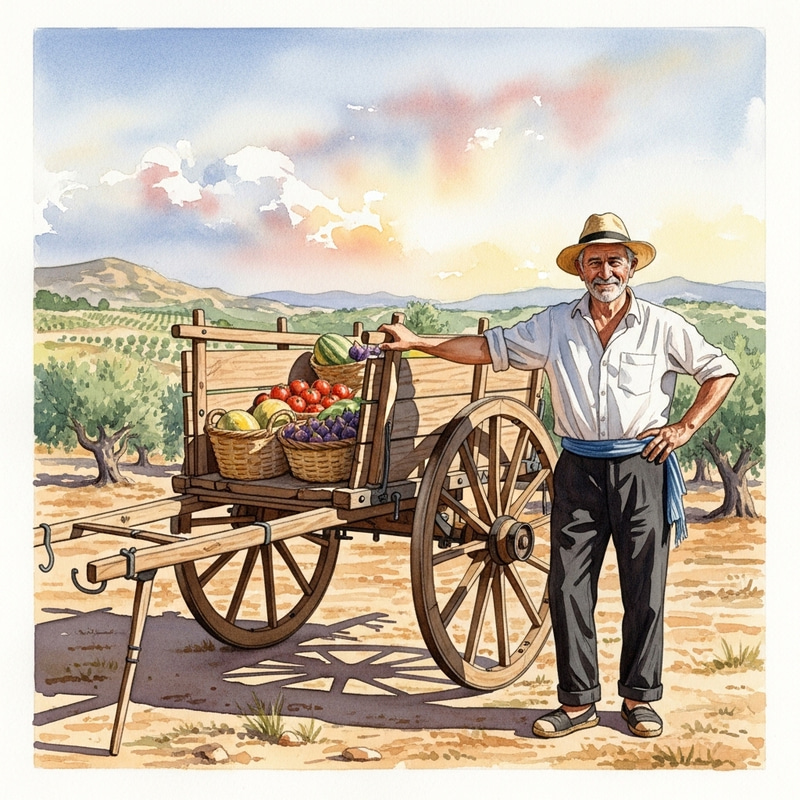 Ibizan Farmer in Watercolor - Authentic Pose with Cart Ibizan Farmer in Watercolor - Authentic Pose with Cart