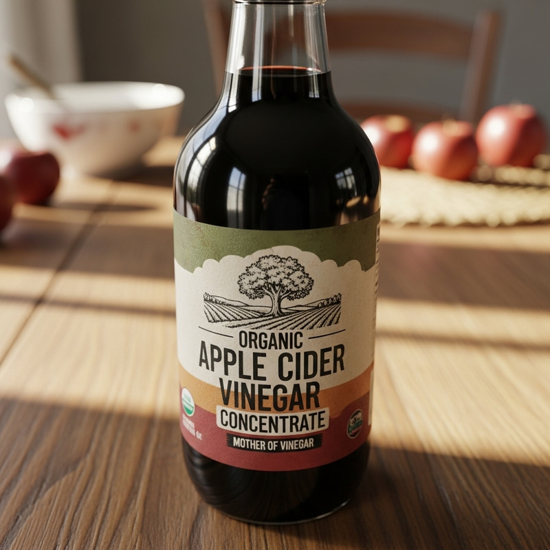 Dark Apple Cider Vinegar Concentrate on Rustic Table Dark Apple Cider Vinegar Concentrate on Rustic Table